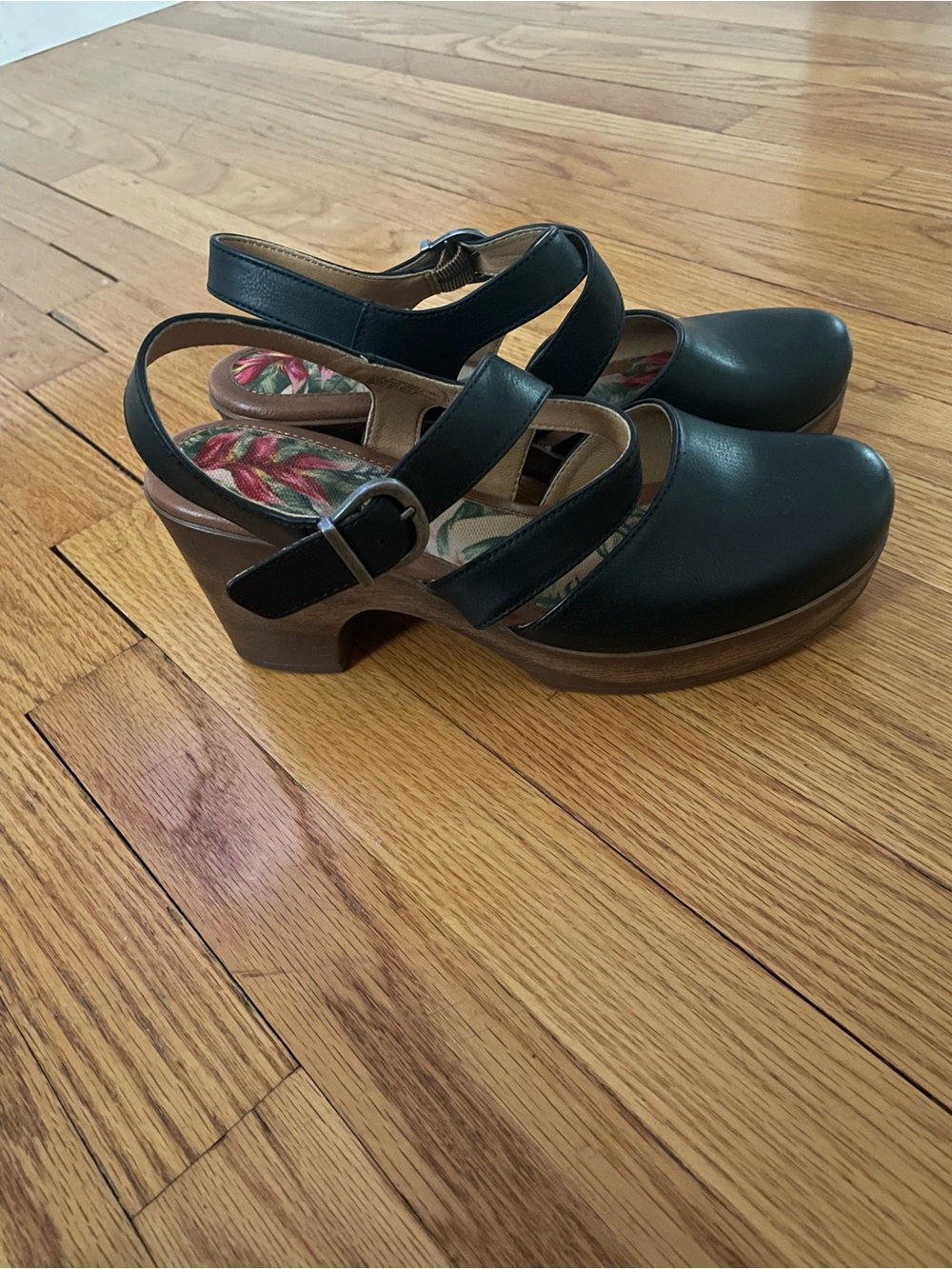 boc Black Leather Platform Clogs with Cross Straps
